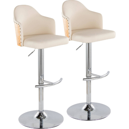 Ahoy Adjustable Swivel Bar Stool in Chrome, Bamboo Wood & Cream Leatherette (Set of 2)